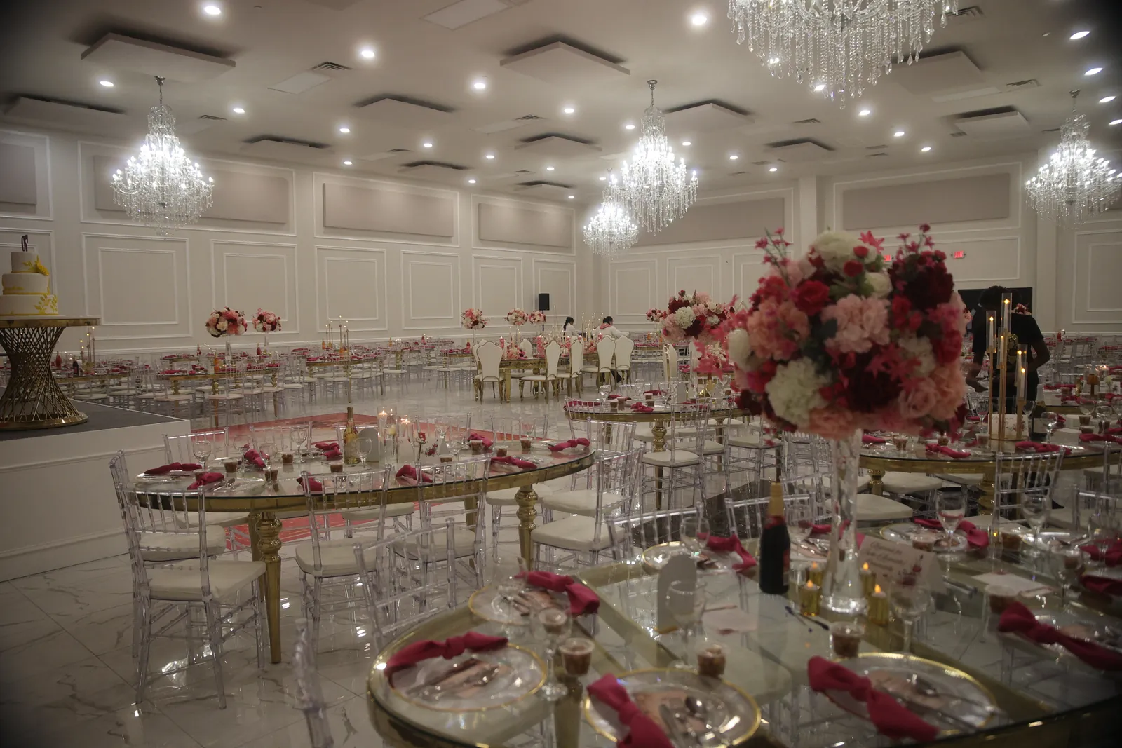 Banquet tables set in the main hall for a celebration