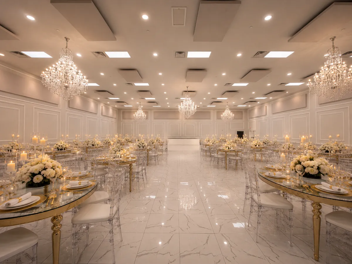 The main hall seen from the entrance doors, tables set for a reception